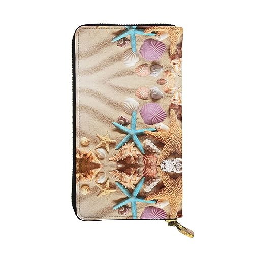 ESNAIUVCD Shells On The Beach Print Echtes Leder Damen Herren Geldbörsen Multifunktions-Clutch Geldbörse Reißverschluss Groß Reise Handy Lange Geld Geldbörsen, Schwarz , Einheitsgröße von ESNAIUVCD