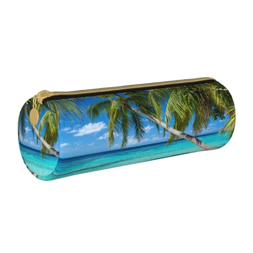 ESNAIUVCD Sommer Strandurlaub Bedrucktes Leder Reißverschluss zylindrische Federmäppchen - Hochwertiges PU-Leder Multifunktionale Schreibwaren-Organizer, Geeignet für Studenten, Weiß, Größe, Weiß, von ESNAIUVCD