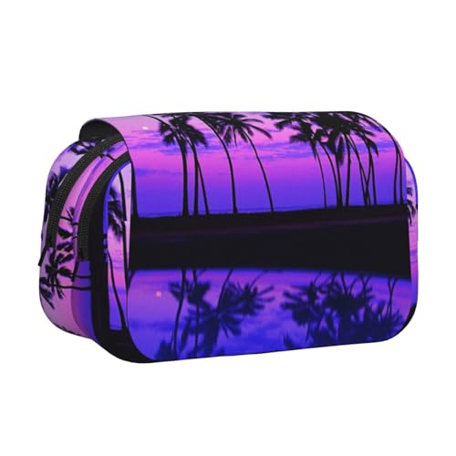 ESNAIUVCD Stifttasche mit Palmenmotiv, violetter Sonnenuntergang-Druck, großes Fassungsvermögen, doppellagig, geeignet für Jungen, Mädchen und Erwachsene. Diese Büro-Stifttasche mit Fächer-Design von ESNAIUVCD