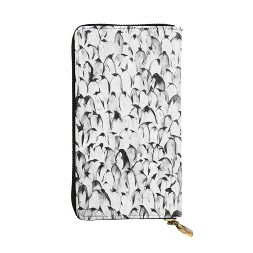 ESNAIUVCD Stilvolle Pinguin-Masse mit Muster aus echtem Leder für Damen und Herren, multifunktionale Clutch-Geldbörse, Reißverschluss, großes Reise-Handy, lange Geldbeutel, Schwarz , Einheitsgröße von ESNAIUVCD
