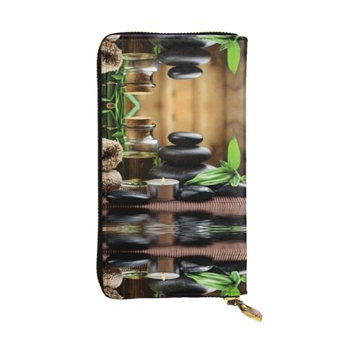 ESNAIUVCD Stones and Spa Oil On The Wood Near A Pond Print Echtes Leder Damen Herren Geldbörsen Multifunktions-Clutch Geldbörse Reißverschluss Große Reise Handy Lange Geldbeutel, Schwarz , von ESNAIUVCD
