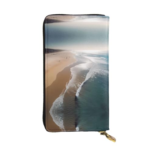 ESNAIUVCD Strand-Druck, echtes Leder, Damen, Herren, Geldbörse, Multifunktions-Clutch, Reißverschluss, große Reise-Handy, lange Geldbeutel, Schwarz , Einheitsgröße von ESNAIUVCD