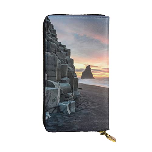 ESNAIUVCD Sunrise On Beach Print Echtes Leder Damen Herren Geldbörsen Multifunktions-Clutch Geldbörse Reißverschluss Groß Reise Handy Lange Geld Geldbörsen, Schwarz , Einheitsgröße von ESNAIUVCD
