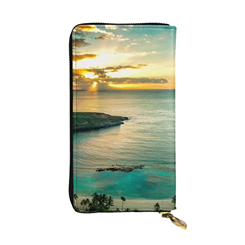 ESNAIUVCD Sunrise Over Hawaii Print Echtes Leder Damen Herren Geldbörsen Multifunktions Clutch Geldbörse Reißverschluss Groß Reise Handy Lange Geld Geldbörsen, Schwarz , Einheitsgröße von ESNAIUVCD