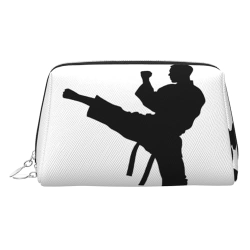 ESNAIUVCD Taekwondo Make-up-Tasche mit Kampfsport-Druck, Kosmetiktasche, Damen-Kosmetiktasche aus PU-Leder mit Handschlaufe, Reise-Kulturbeutel, Make-up-Tasche, silber, Einheitsgröße von ESNAIUVCD