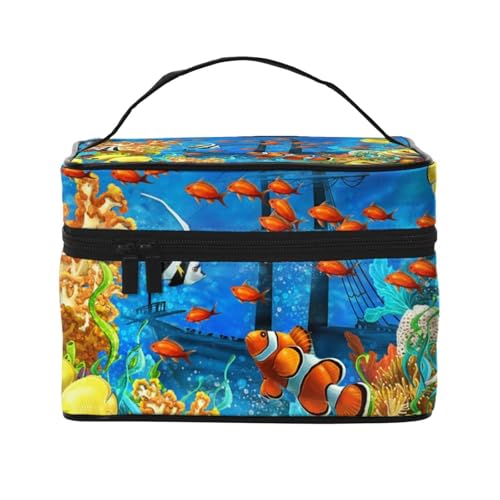 ESNAIUVCD The Underwater World Kulturbeutel mit tropischem Fischdruck, große Kosmetiktasche, Reise-Make-up-Tasche, Organizer für Damen, Schwarz , Einheitsgröße, Kosmetikkoffer von ESNAIUVCD