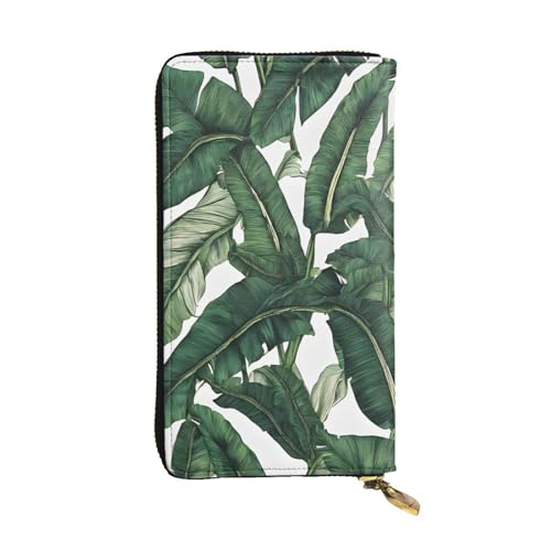 ESNAIUVCD Tropische Bananen-Palmenblätter-Druck, echtes Leder, für Damen, Herren, multifunktional, Clutch, Reißverschluss, große Reise-Handy, lange Geldbörse, Schwarz , Einheitsgröße von ESNAIUVCD
