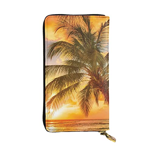 ESNAIUVCD Tropischer Strand Palme Sonnenuntergang Druck Echtes Leder Damen Herren Geldbörsen Multifunktions Clutch Geldbörse Reißverschluss Groß Reise Handy Lange Geld Geldbörsen, Schwarz , von ESNAIUVCD