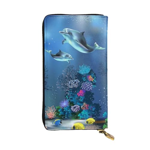ESNAIUVCD Underwater World Delfine Coral Print Echtes Leder Damen Herren Geldbörsen Multifunktions Clutch Geldbörse Reißverschluss Groß Reise Handy Lange Geld Geldbörsen, Schwarz , Einheitsgröße von ESNAIUVCD