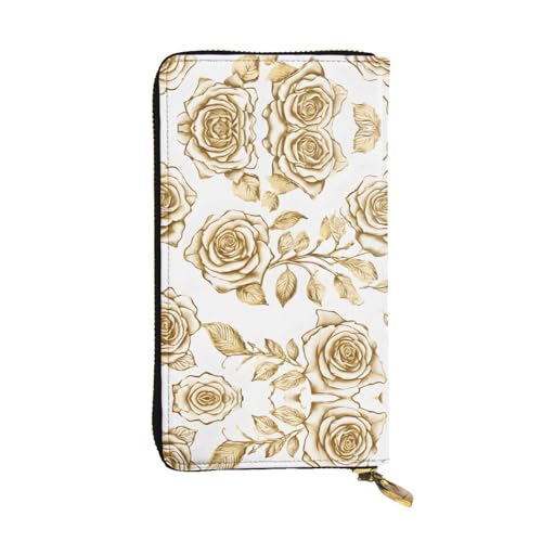 ESNAIUVCD Viele goldene Blumen Druck Echtes Leder Damen Herren Geldbörsen Multifunktions Clutch Geldbörse Reißverschluss Groß Reise Handy Lange Geld Geldbörsen, Schwarz , Einheitsgröße von ESNAIUVCD