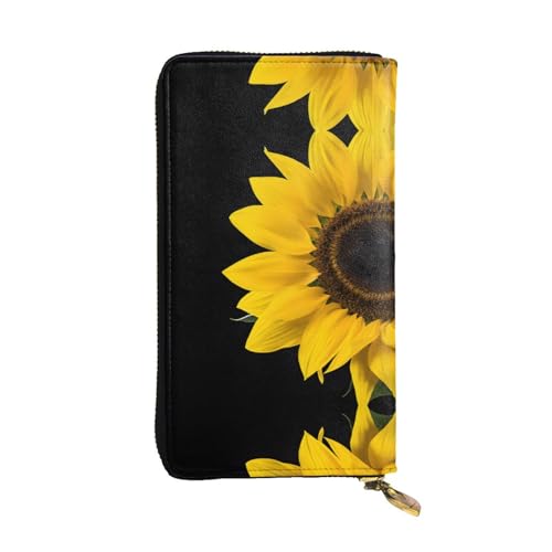 ESNAIUVCD Wild Sunflower Print Echtes Leder Damen Herren Geldbörsen Multifunktions Clutch Geldbörse Reißverschluss Groß Reise Handy Lange Geld Geldbörsen, Schwarz , Einheitsgröße von ESNAIUVCD