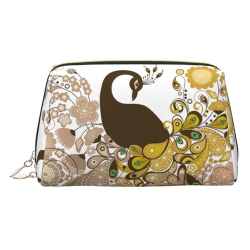 Elegante Make-up-Tasche mit Pfauen-Aufdruck, Kosmetiktasche, Damen-Kosmetiktasche aus PU-Leder mit Handschlaufe, Reise-Kulturbeutel, Make-up-Tasche, gold, Einheitsgröße von ESNAIUVCD