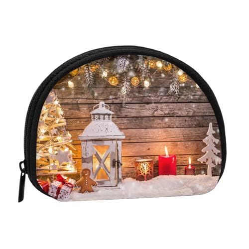 Frohe Weihnachten Holzbrett Kerze Hirsch Druck Tragbare Mini Aufbewahrungstasche Muschelförmige Brieftasche Kleine Münzbörse Muschel Aufbewahrungstasche von ESNAIUVCD