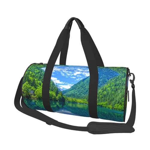 Green Hills and Water Print Travel Duffel Bag, Foldable Gym Bag Overnight Weekend Bags for Women, Large Holdall Bag Cabin Bag for Sports and Travel, Schwarz , Einheitsgröße von ESNAIUVCD