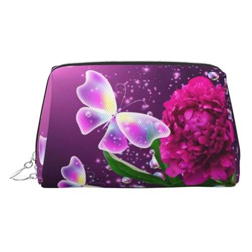 Kosmetiktasche, Kosmetiktasche, Kosmetiktasche für Damen, PU-Leder, mit Handschlaufe, Reise-Kulturbeutel, Make-up-Tasche mit Schmetterlings-Motiv, Violett, silber, Einheitsgröße von ESNAIUVCD