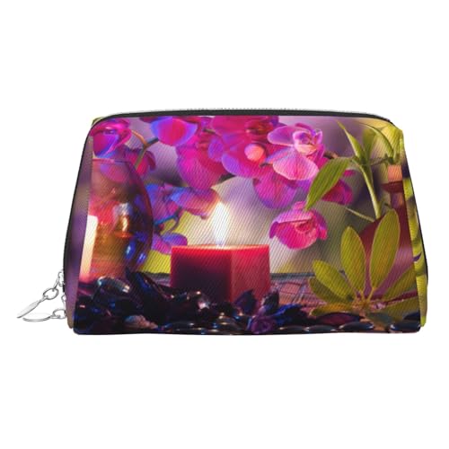 Kosmetiktasche aus PU-Leder mit Handschlaufe, Motiv: Blumen im Brunnen, Massagesteine und Bambus-Druck, Kosmetiktasche für Damen, Kosmetiktasche, silber, Einheitsgröße von ESNAIUVCD