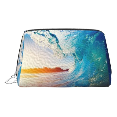 Kosmetiktasche für Damen, Motiv: Sonnenuntergang, Meer, Surfen, Meereslandschaft, PU-Leder, Kosmetiktasche mit Handgelenkschlaufe, Reise-Kulturbeutel, Make-up-Tasche, silber, Einheitsgröße von ESNAIUVCD
