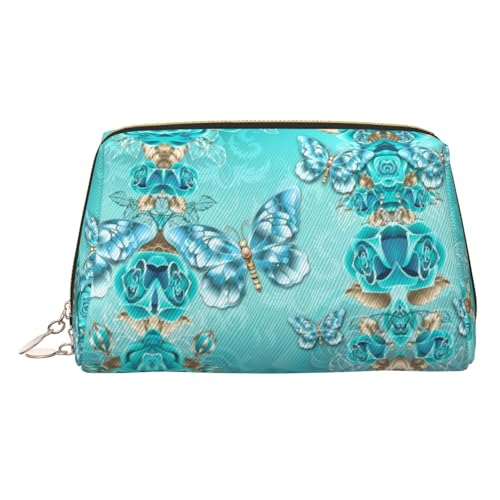 Kosmetiktasche für Damen, PU-Leder, mit Handschlaufe, Reise-Kulturbeutel, Hellblau mit Schmetterlings-Aufdruck, Make-up-Tasche, gold, Einheitsgröße von ESNAIUVCD