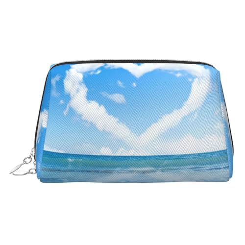 Kosmetiktasche in Herzform, romantischer Stranddruck, Kosmetiktasche für Damen, PU-Leder, Kosmetiktasche mit Handschlaufe, Reise-Kulturbeutel, Make-up-Tasche, silber, Einheitsgröße von ESNAIUVCD