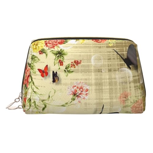 Kosmetiktasche mit Blumenmotiv und Schmetterlings-Aufdruck, Damen-Kosmetiktasche aus PU-Leder mit Handschlaufe, Reise-Kulturbeutel, Make-up-Tasche, gold, Einheitsgröße von ESNAIUVCD