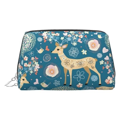 Kosmetiktasche mit Cartoon-Hirsch-Blumendruck, Damen-Kosmetiktasche aus PU-Leder mit Handschlaufe, Reise-Kulturbeutel, Make-up-Tasche, silber, Einheitsgröße von ESNAIUVCD