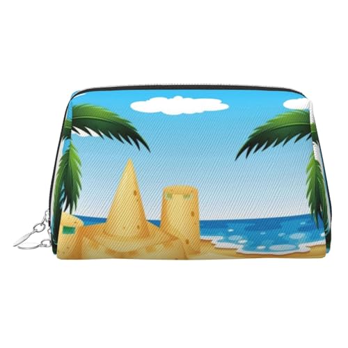Kosmetiktasche mit Cartoon-Strand-/Sandhaus-Druck, Kosmetiktasche für Damen, PU-Leder, Kosmetiktasche mit Handschlaufe, Reise-Kulturbeutel, Make-up-Tasche, silber, Einheitsgröße von ESNAIUVCD
