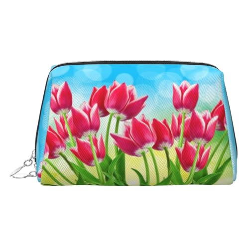 Kosmetiktasche mit Frühlingsblumen-Druck, Damen-Kosmetiktasche aus PU-Leder mit Handschlaufe, Reise-Kulturbeutel, Make-up-Tasche, silber, Einheitsgröße von ESNAIUVCD
