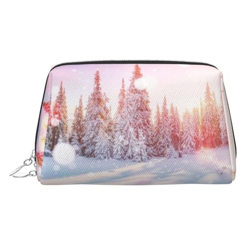 Kosmetiktasche mit Kiefernbäumen und Schnee-Aufdruck, Damen-Kosmetiktasche aus PU-Leder mit Handschlaufe, Reise-Kulturbeutel, Make-up-Tasche, silber, Einheitsgröße von ESNAIUVCD