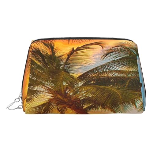 Kosmetiktasche mit Kokosnussbaum unter Sonnenuntergang bedruckt, Damen-Kosmetiktasche aus PU-Leder mit Handschlaufe, Reise-Kulturbeutel, Make-up-Tasche, silber, Einheitsgröße von ESNAIUVCD