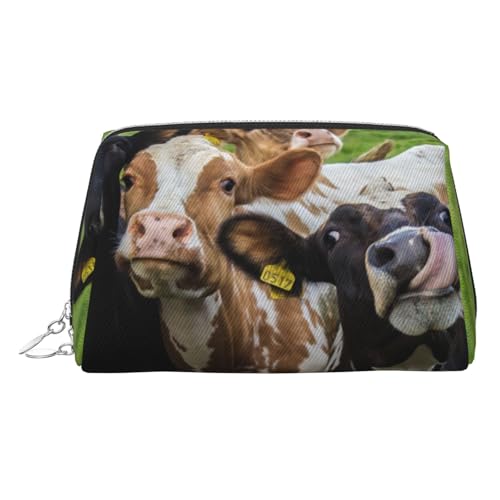 Kosmetiktasche mit Kuh-Grasland-Aufdruck, Damen-Kosmetiktasche aus PU-Leder mit Handschlaufe, Reise-Kulturbeutel, Make-up-Tasche, silber, Einheitsgröße von ESNAIUVCD