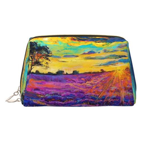 Kosmetiktasche mit Lavendel-Ölgemälde-Druck, Kosmetiktasche, Damen-Kosmetiktasche aus PU-Leder mit Handschlaufe, Reise-Kulturbeutel, Make-up-Tasche, gold, Einheitsgröße von ESNAIUVCD