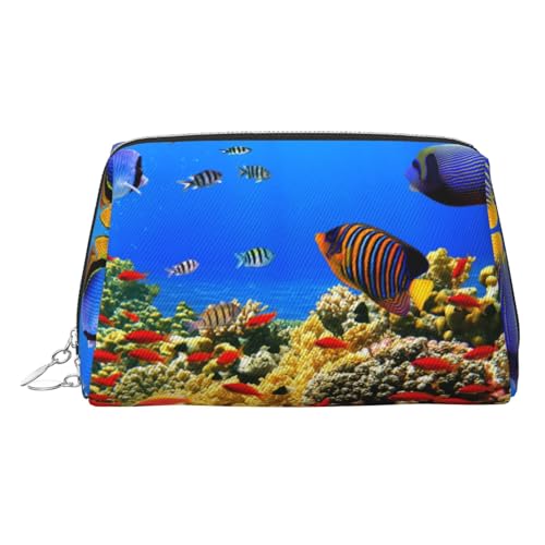 Kosmetiktasche mit Meeresfisch-Muster, Kosmetiktasche, Damen-Kosmetiktasche aus PU-Leder mit Handschlaufe, Reise-Kulturbeutel, Make-up-Tasche, silber, Einheitsgröße von ESNAIUVCD