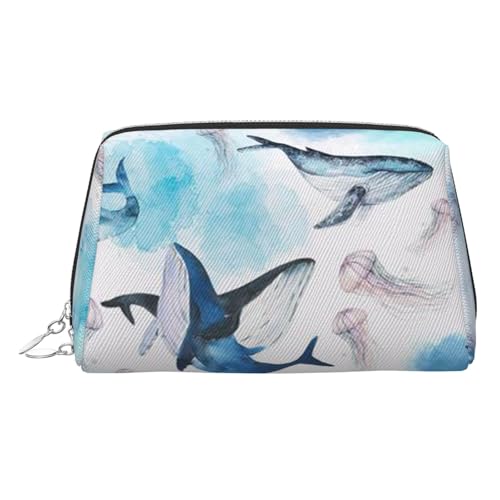 Kosmetiktasche mit Meereswal- und Quallen-Druck, Damen-Kosmetiktasche aus PU-Leder mit Handschlaufe, Reise-Kulturbeutel, Make-up-Tasche, silber, Einheitsgröße von ESNAIUVCD