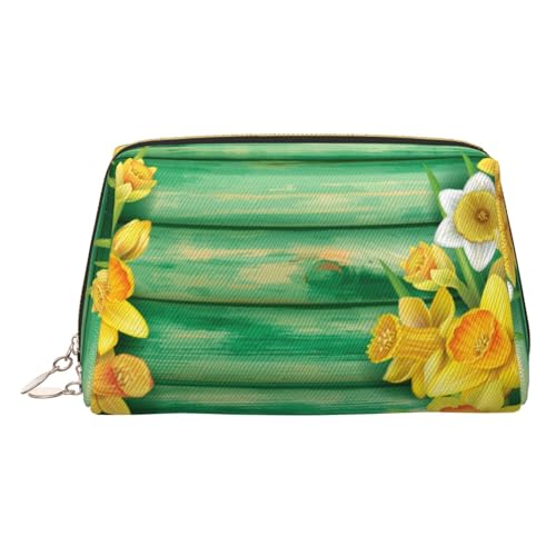 Kosmetiktasche mit Narzissen-Blumendruck, für Damen, PU-Leder, Kosmetiktasche mit Handschlaufe, Reise-Kulturbeutel, Make-up-Tasche, gold, Einheitsgröße von ESNAIUVCD