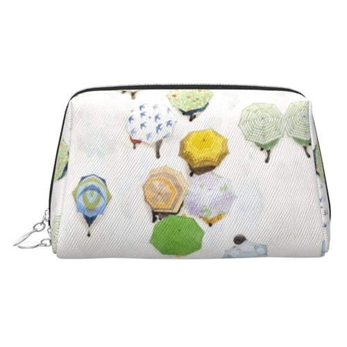 Kosmetiktasche mit Ölgemälde von Regenschirmen auf hellblauem Druck, Kosmetiktasche, Damen-Kosmetiktasche aus PU-Leder mit Handschlaufe, Reise-Kulturbeutel, Make-up-Tasche, silber, Einheitsgröße von ESNAIUVCD