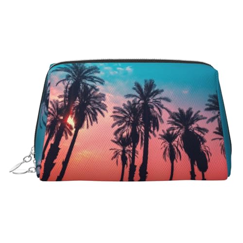 Kosmetiktasche mit Palmen-Sonnenuntergang-Druck, Damen-Kosmetiktasche aus PU-Leder mit Handschlaufe, Reise-Kulturbeutel, Make-up-Tasche, silber, Einheitsgröße von ESNAIUVCD
