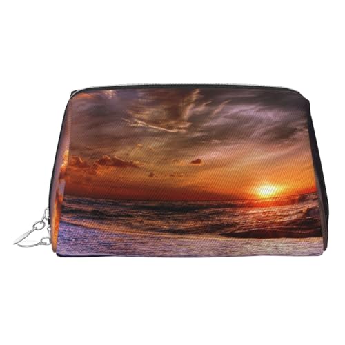 Kosmetiktasche mit Strand-Sonnenaufgangs-Aufdruck, Damen-Kosmetiktasche aus PU-Leder mit Handschlaufe, Reise-Kulturbeutel, Make-up-Tasche, silber, Einheitsgröße von ESNAIUVCD