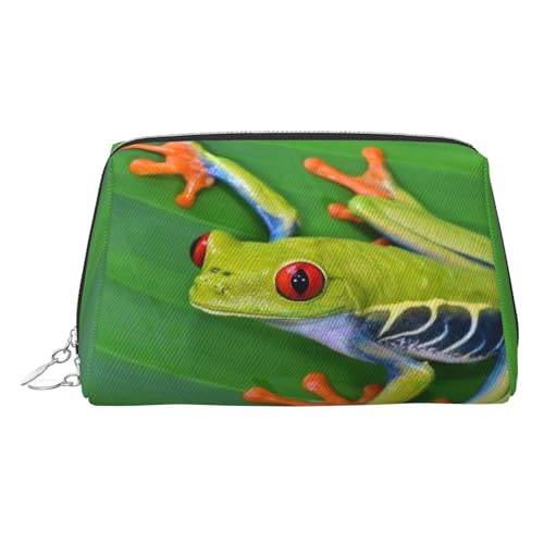 Kosmetiktasche mit Tiermotiv, Froschblätter, Kosmetiktasche, Damen-Kosmetiktasche aus PU-Leder mit Handschlaufe, Reise-Kulturbeutel, Make-up-Tasche, silber, Einheitsgröße von ESNAIUVCD