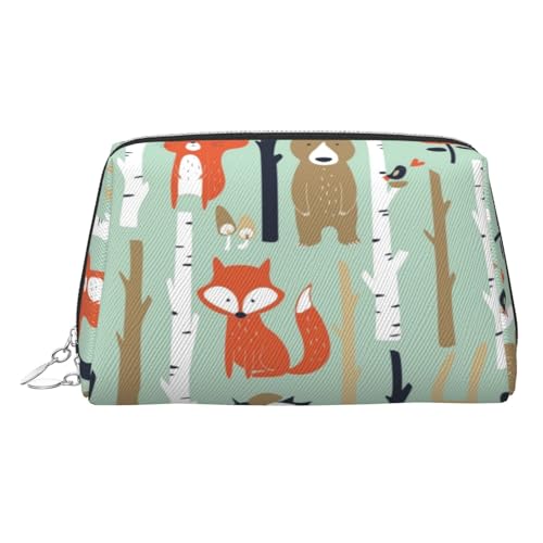 Kosmetiktasche mit süßem Fuchsbär, Vogelbaum-Druck, Kosmetiktasche, Damen-Kosmetiktasche aus PU-Leder mit Handschlaufe, Reise-Kulturbeutel, Make-up-Tasche, silber, Einheitsgröße von ESNAIUVCD