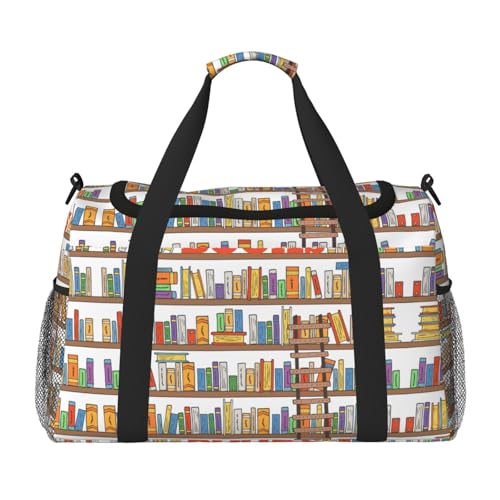 Lustige Bücherregal-Kollektion und Leiteraufdruck, Damen-Sporttasche, Reisetasche – Sporttasche mit Fach, Seesack für Herren, Damen, Handgepäck, Wochenend-Reisehandtaschen für Damen, Schwarz , von ESNAIUVCD