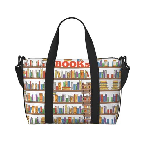 Lustige Bücherregal-Kollektion und Leiteraufdruck, Turnbeutel für Damen, Wochenendtasche, Übernachtungstasche, persönliche Gegenstände, Schultertasche für Damen und Herren, Einheitsgröße, Schwarz , von ESNAIUVCD