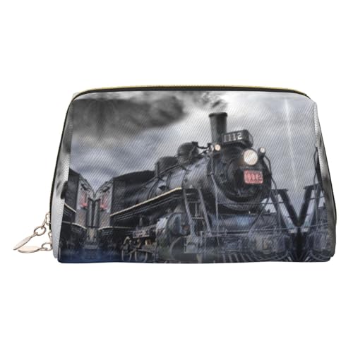 Make-up-Tasche mit Dampfzug und Wolken-Aufdruck, Kosmetiktasche, Damen-Kosmetiktasche aus PU-Leder mit Handschlaufe, Reise-Kulturbeutel, Make-up-Tasche, gold, Einheitsgröße von ESNAIUVCD