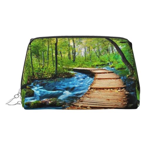 Make-up-Tasche mit Holzbrücke, Wasserdruck, Kosmetiktasche, Damen-Kosmetiktasche aus PU-Leder mit Handschlaufe, Reise-Kulturbeutel, Make-up-Tasche, silber, Einheitsgröße von ESNAIUVCD