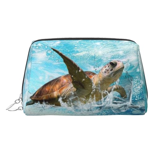 Make-up-Tasche mit Meeresschildkröten-Druck, Kosmetiktasche, Damen-Kosmetiktasche aus PU-Leder mit Handschlaufe, Reise-Kulturbeutel, Make-up-Tasche, silber, Einheitsgröße von ESNAIUVCD