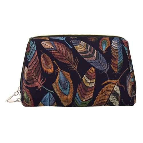 Make-up-Tasche mit Pfauenfeder-Druck, Kosmetiktasche, Damen-Kosmetiktasche aus PU-Leder mit Handschlaufe, Reise-Kulturbeutel, Make-up-Tasche, gold, Einheitsgröße von ESNAIUVCD