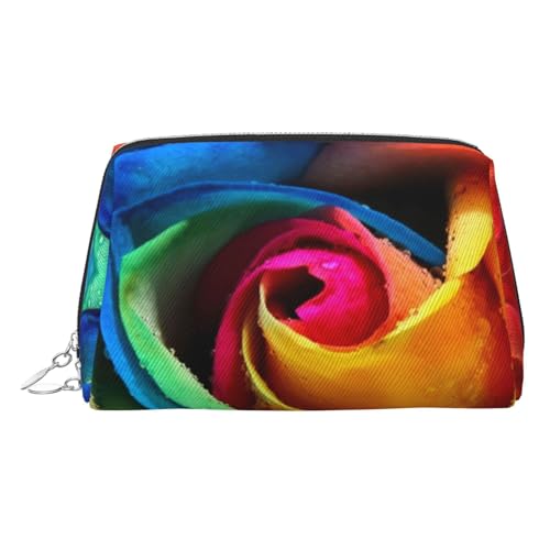 Make-up-Tasche mit Regenbogen-Rosen-Druck, Kosmetiktasche für Damen, PU-Leder, Kosmetiktasche mit Handschlaufe, Reise-Kulturbeutel, Make-up-Tasche, silber, Einheitsgröße von ESNAIUVCD