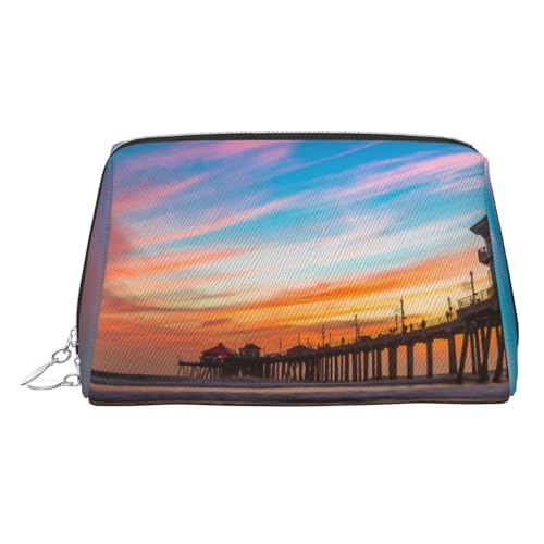 Make-up-Tasche mit Sonnenuntergang-Druck, für Damen, PU-Leder, Kosmetiktasche mit Handschlaufe, Reise-Kulturbeutel, Make-up-Tasche, Blau, silber, Einheitsgröße von ESNAIUVCD
