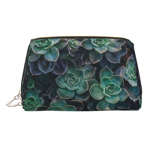 Make-up-Tasche mit Sukkulenten-Druck, Kosmetiktasche, Damen-Kosmetiktasche aus PU-Leder mit Handschlaufe, Reise-Kulturbeutel, Make-up-Tasche, gold, Einheitsgröße von ESNAIUVCD