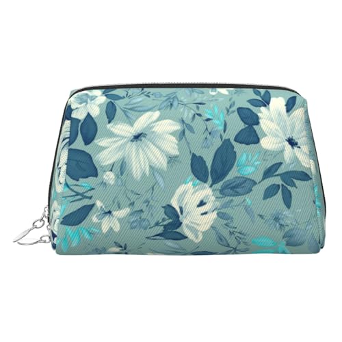 Make-up-Tasche mit blauem Blumendruck, Kosmetiktasche, Damen-Kosmetiktasche aus PU-Leder mit Handschlaufe, Reise-Kulturbeutel, Make-up-Tasche, silber, Einheitsgröße von ESNAIUVCD