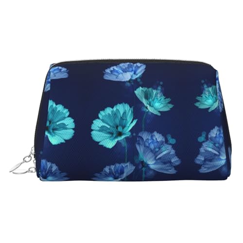 Make-up-Tasche mit blauem Blumendruck, Kosmetiktasche, Damen-Kosmetiktasche aus PU-Leder mit Handschlaufe, Reise-Kulturbeutel, Make-up-Tasche, silber, Einheitsgröße von ESNAIUVCD